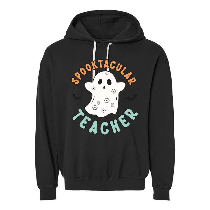 Spooktacular Teacher Groovy Halloween Retro Gift Garment-Dyed Fleece Hoodie