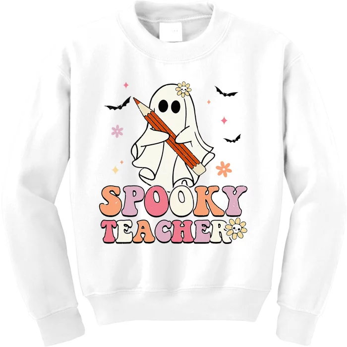 Spooky Teacher Ghost Halloween Groovy Retro Trick Or Treat Kids Sweatshirt