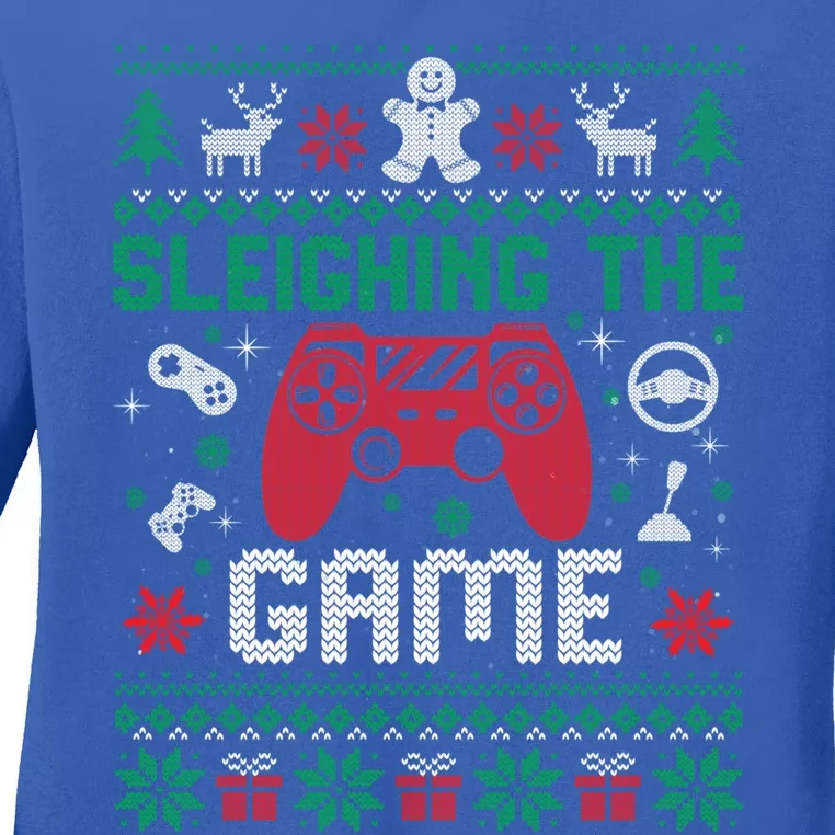 Sleighing The Game Ugly Christmas Sweater Gamer Video Game Gift Ladies Long Sleeve Shirt