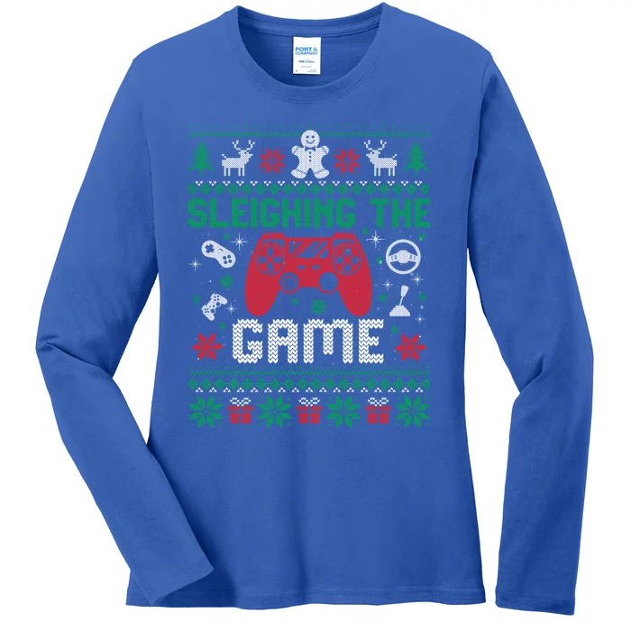 Sleighing The Game Ugly Christmas Sweater Gamer Video Game Gift Ladies Long Sleeve Shirt