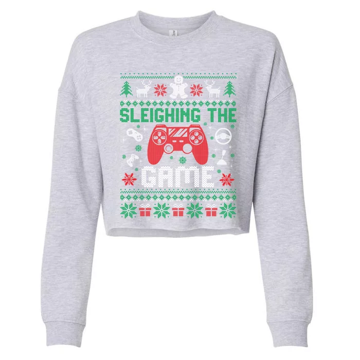 Sleighing The Game Ugly Christmas Sweater Gamer Video Game Gift Cropped Pullover Crew