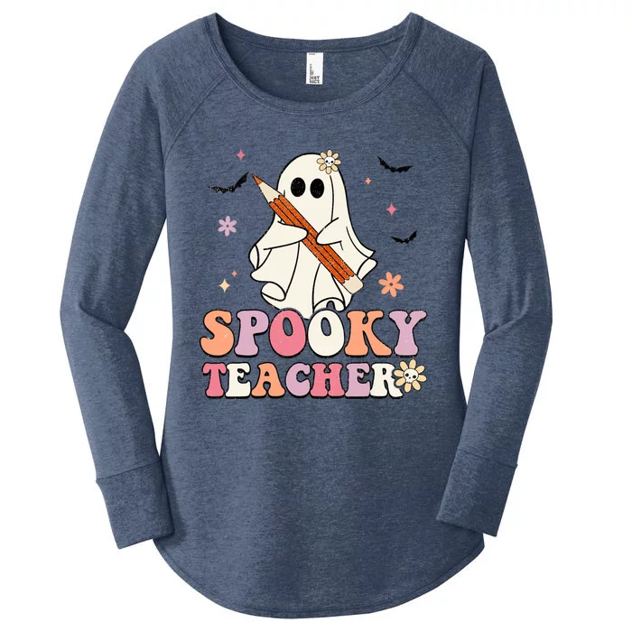 Spooky Teacher Ghost Halloween Groovy Retro Trick Or Treat Women's Perfect Tri Tunic Long Sleeve Shirt