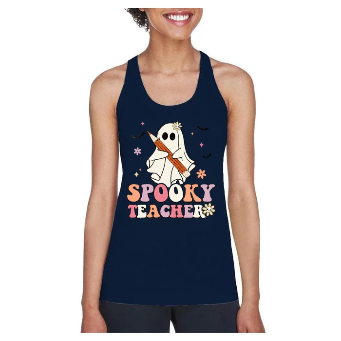 Spooky Teacher Ghost Halloween Groovy Retro Trick Or Treat Women's Racerback Tank