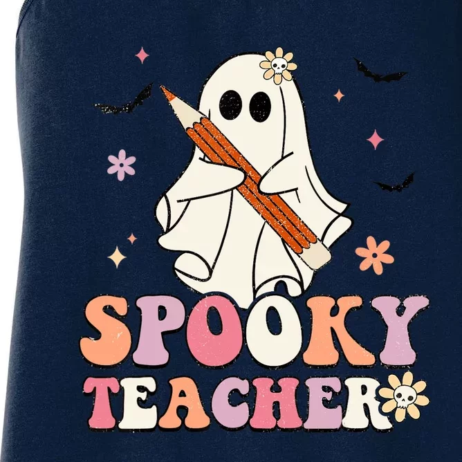 Spooky Teacher Ghost Halloween Groovy Retro Trick Or Treat Women's Racerback Tank