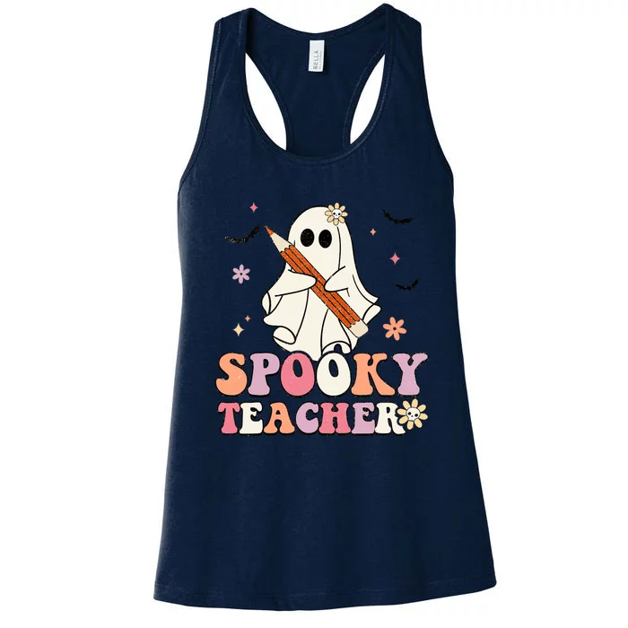 Spooky Teacher Ghost Halloween Groovy Retro Trick Or Treat Women's Racerback Tank