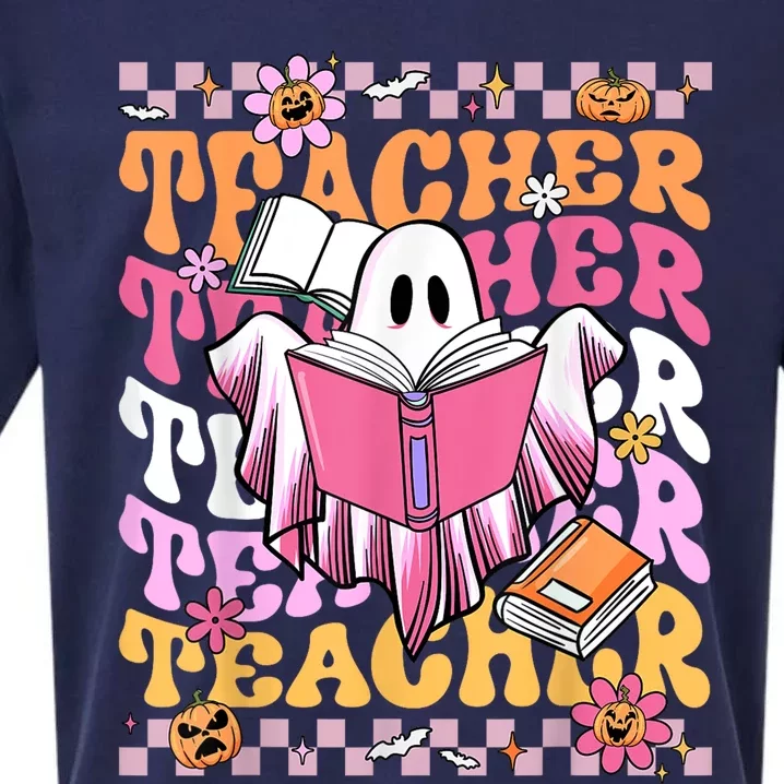 Spooky Teacher Ghost Halloween Groovy Retro Trick Or Teach Sueded Cloud Jersey T-Shirt