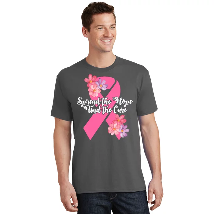 Spread The Hope Find The Cure Breast Cancer Floral Ribbon T-Shirt