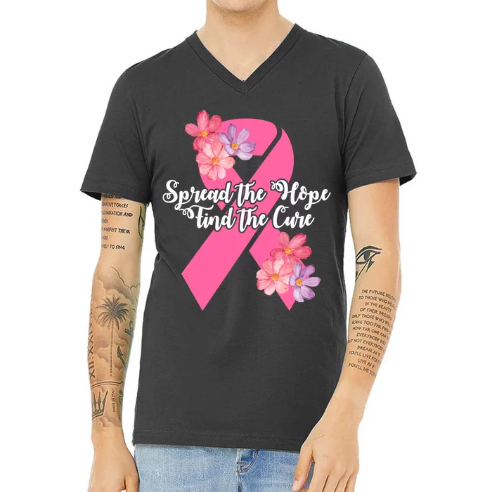 Spread The Hope Find The Cure Breast Cancer Floral Ribbon V-Neck T-Shirt