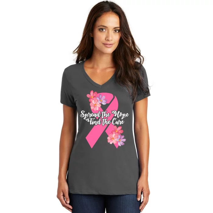 Spread The Hope Find The Cure Breast Cancer Floral Ribbon Women's V-Neck T-Shirt