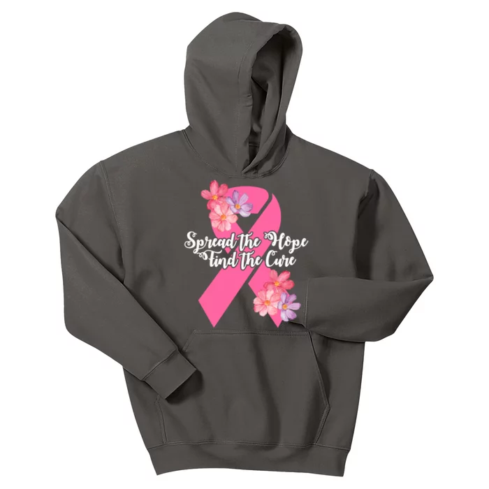 Spread The Hope Find The Cure Breast Cancer Floral Ribbon Kids Hoodie