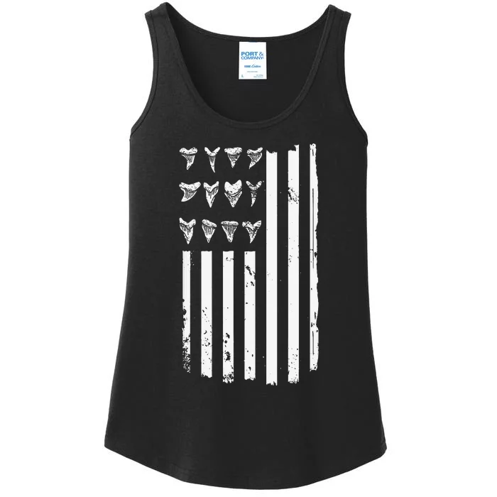 Shark Tooth Hunting American Flag Design for Fossil Hunter Ladies Essential Tank