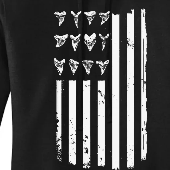 Shark Tooth Hunting American Flag Design for Fossil Hunter Women's Pullover Hoodie