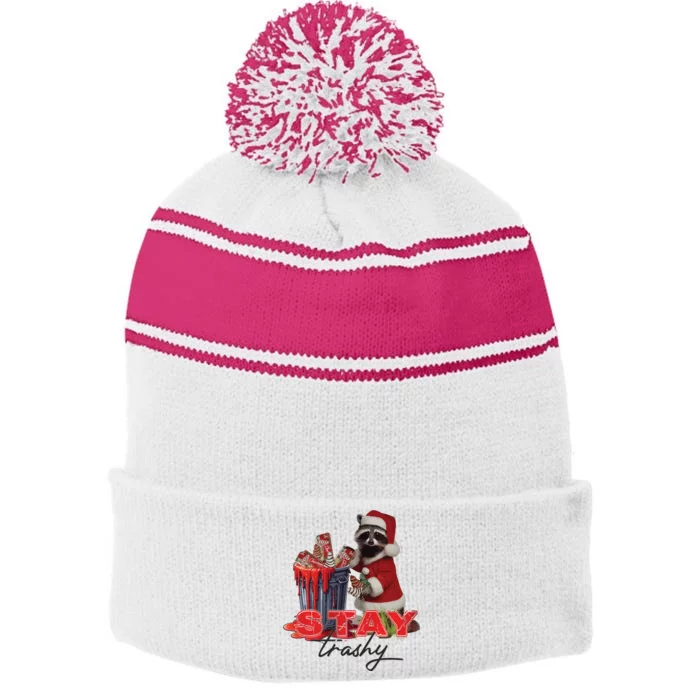 Stay Trashy Holiday Trash Panda Racoon Christmas Stripe Pom Pom Beanie