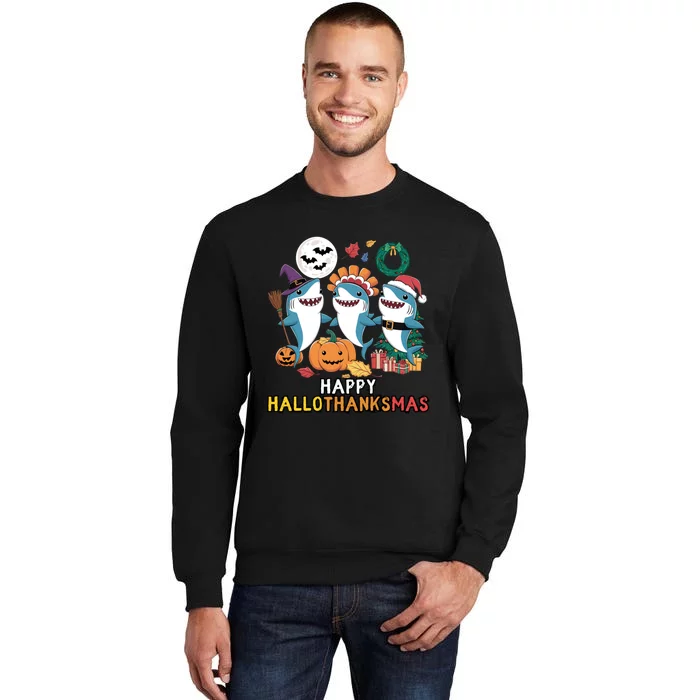 Shark Thanksgiving Happy Hallothanksmas Christmas Halloween Sweatshirt