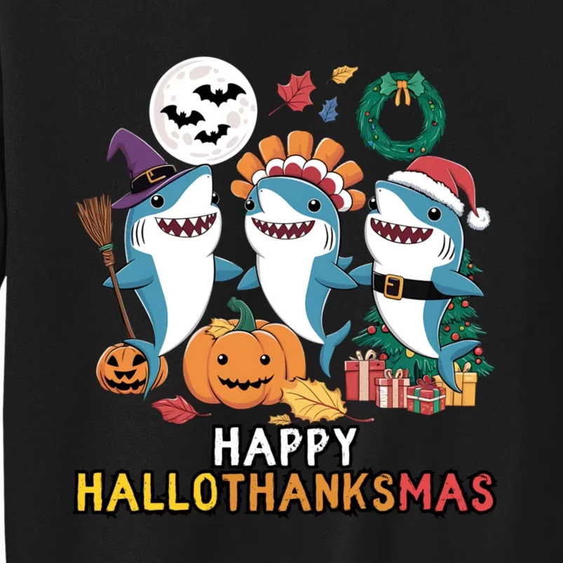 Shark Thanksgiving Happy Hallothanksmas Christmas Halloween Sweatshirt