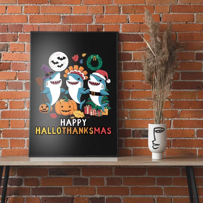 Shark Thanksgiving Happy Hallothanksmas Christmas Halloween Poster