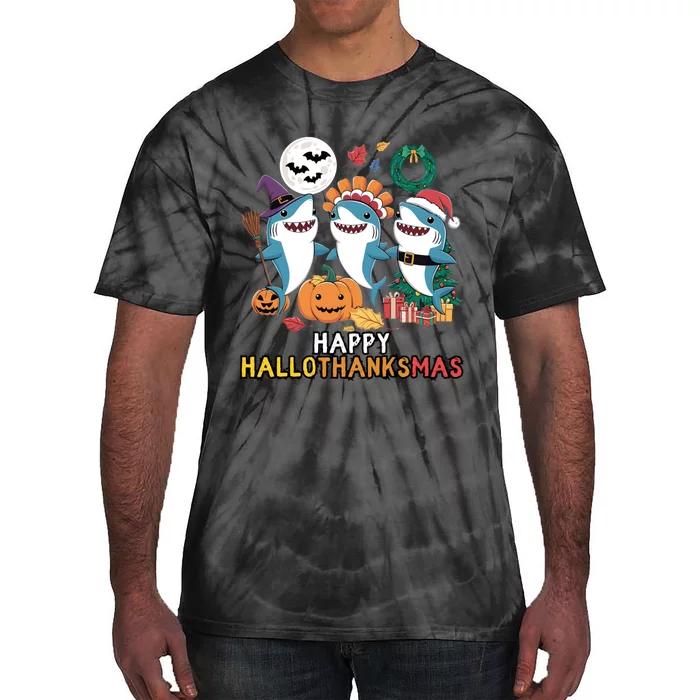 Shark Thanksgiving Happy Hallothanksmas Christmas Halloween Tie-Dye T-Shirt