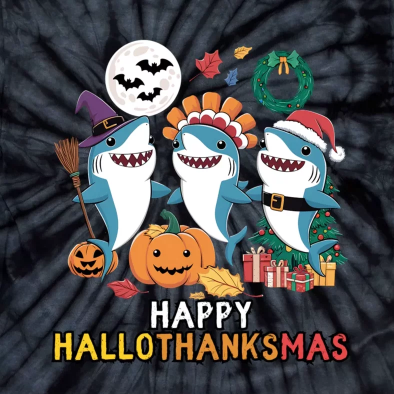 Shark Thanksgiving Happy Hallothanksmas Christmas Halloween Tie-Dye T-Shirt