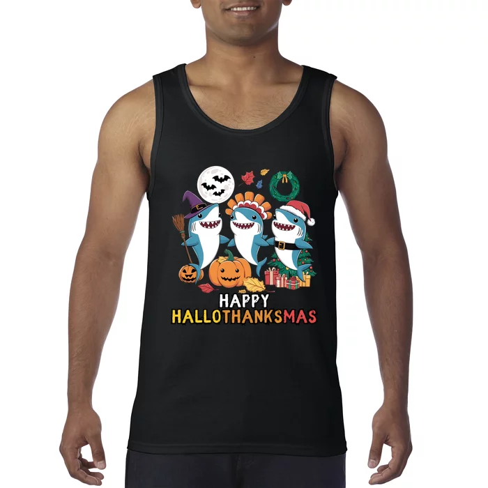 Shark Thanksgiving Happy Hallothanksmas Christmas Halloween Tank Top