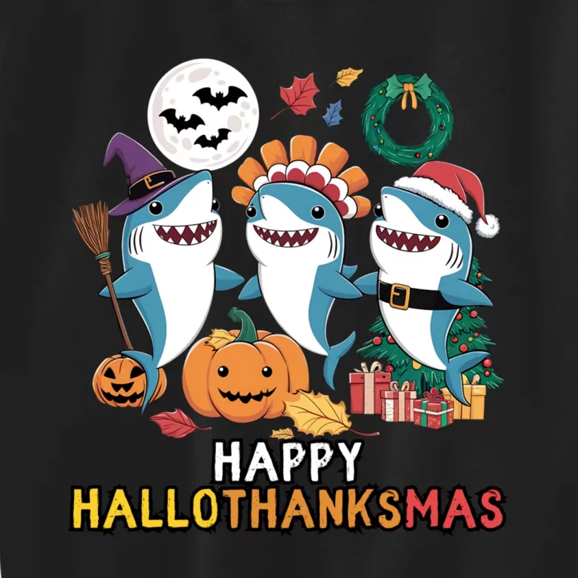 Shark Thanksgiving Happy Hallothanksmas Christmas Halloween Kids Sweatshirt