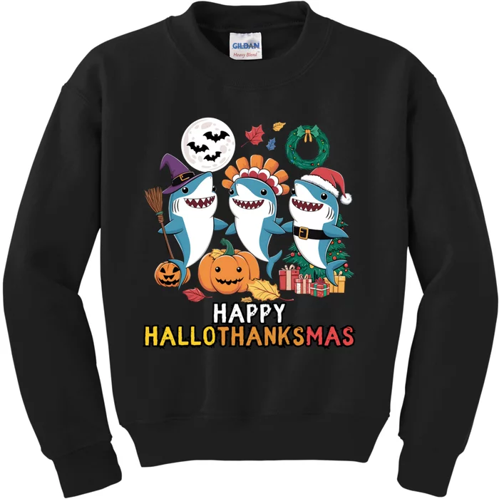 Shark Thanksgiving Happy Hallothanksmas Christmas Halloween Kids Sweatshirt