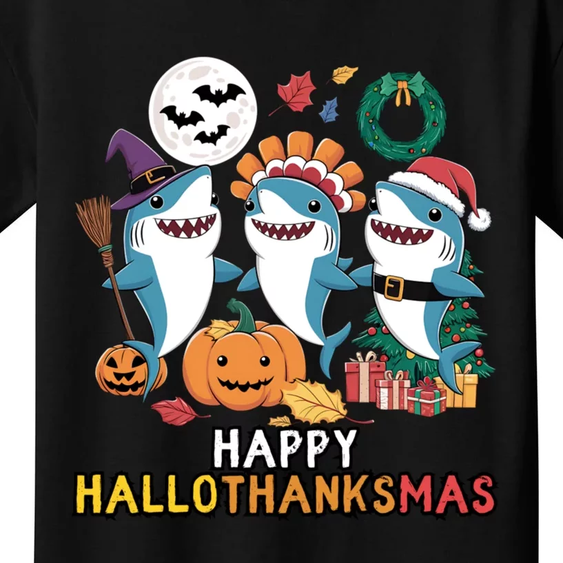 Shark Thanksgiving Happy Hallothanksmas Christmas Halloween Kids T-Shirt