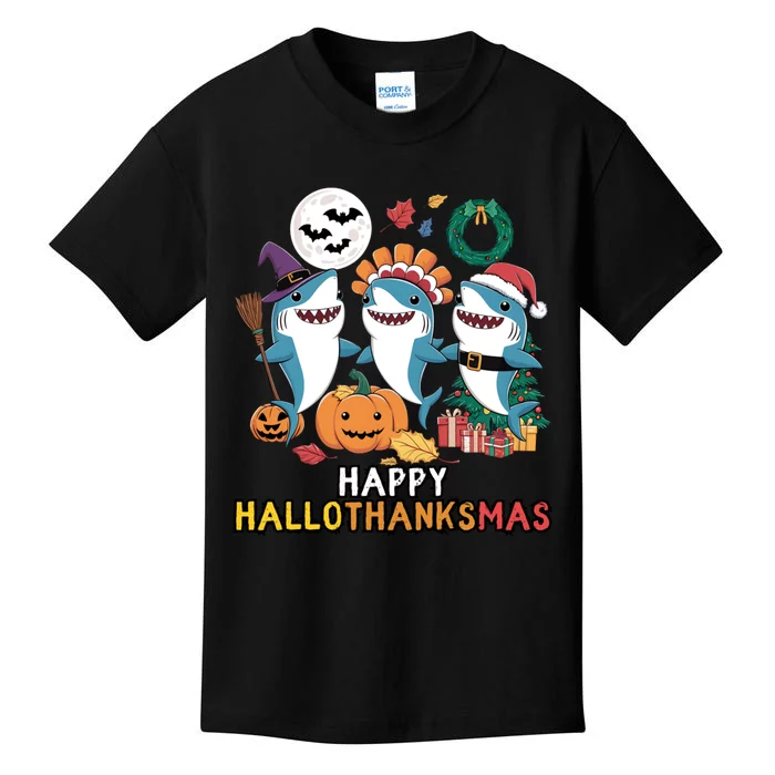 Shark Thanksgiving Happy Hallothanksmas Christmas Halloween Kids T-Shirt