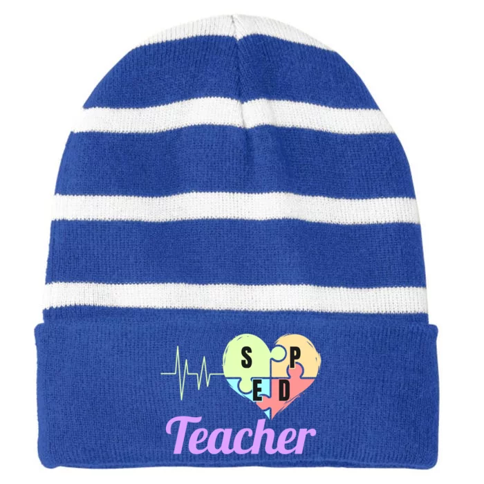 Sped Teacher Heartbeat Cool Gift Special Education Teacher Cute Gift Striped Beanie with Solid Band