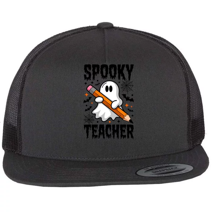 Spooky Teacher Halloween Cute Ghost Groovy Teacher Cute Gift Flat Bill Trucker Hat