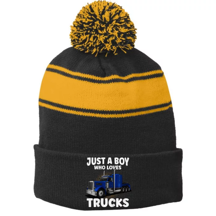 Semi Truck Just A Who Loves Trucks Cool Truck Stripe Pom Pom Beanie