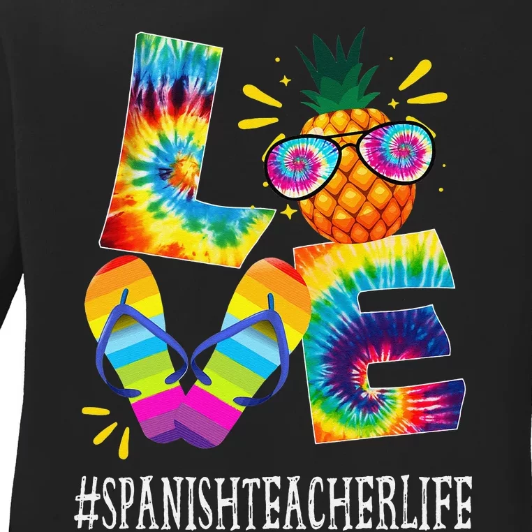 Spanish Teacher Love Pineapple Summer Funny Off duty Tie Dye Ladies Long Sleeve Shirt