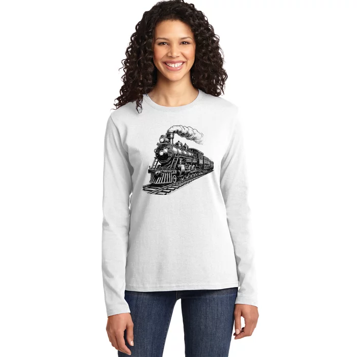 Steam Train Locomotive Steam Engine Ladies Long Sleeve Shirt