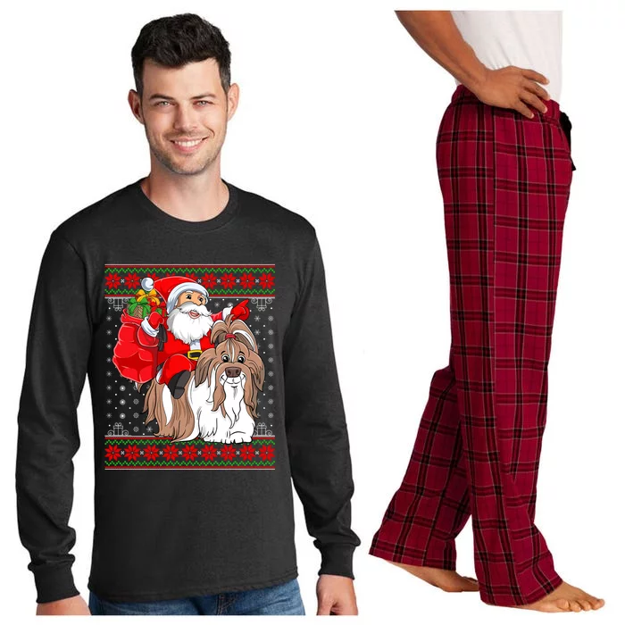 Shih Tzu Lover Xmas Ugly Santa Riding Shih Tzu Dog Christmas Gift Long Sleeve Pajama Set