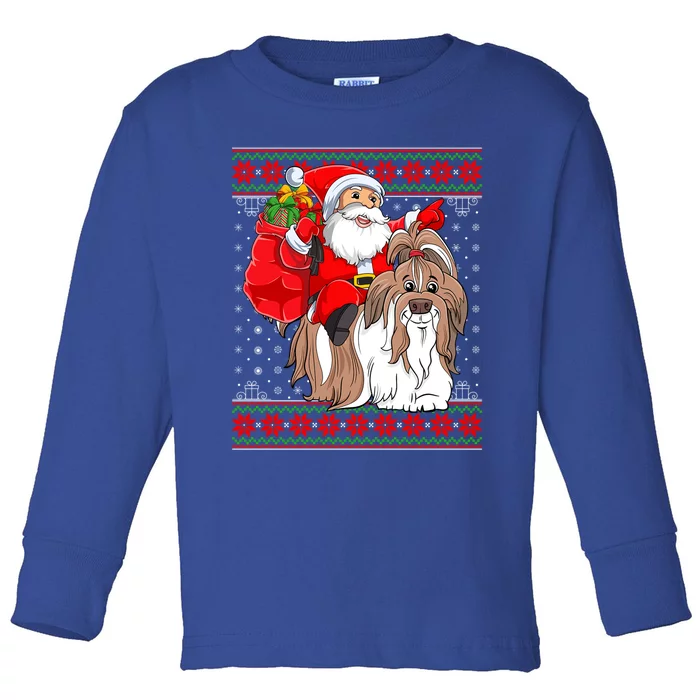 Shih Tzu Lover Xmas Ugly Santa Riding Shih Tzu Dog Christmas Gift Toddler Long Sleeve Shirt