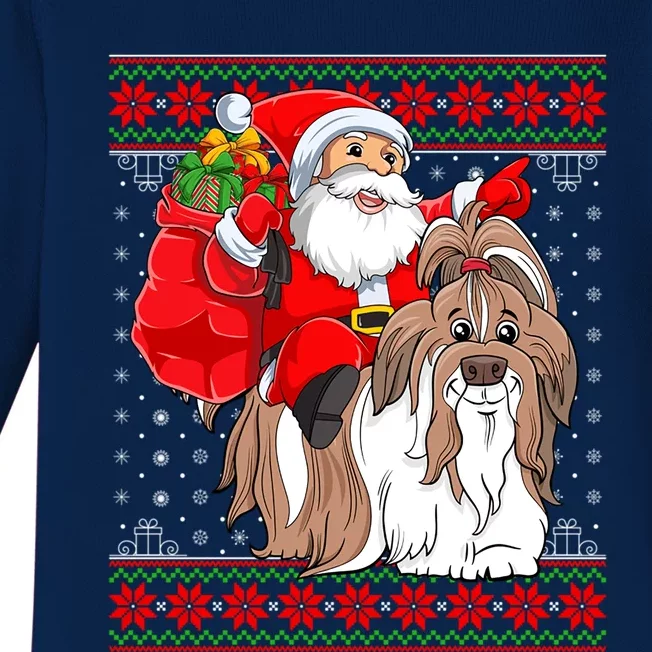 Shih Tzu Lover Xmas Ugly Santa Riding Shih Tzu Dog Christmas Gift Baby Long Sleeve Bodysuit