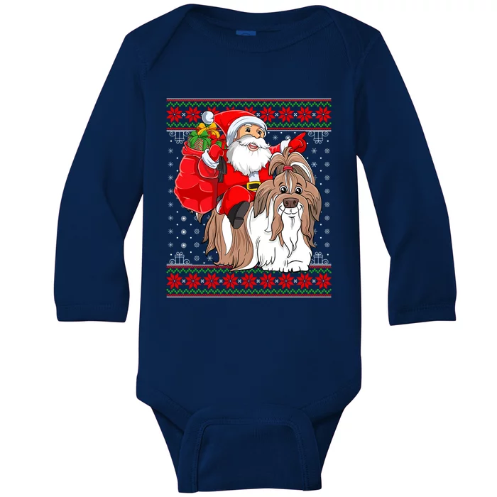 Shih Tzu Lover Xmas Ugly Santa Riding Shih Tzu Dog Christmas Gift Baby Long Sleeve Bodysuit