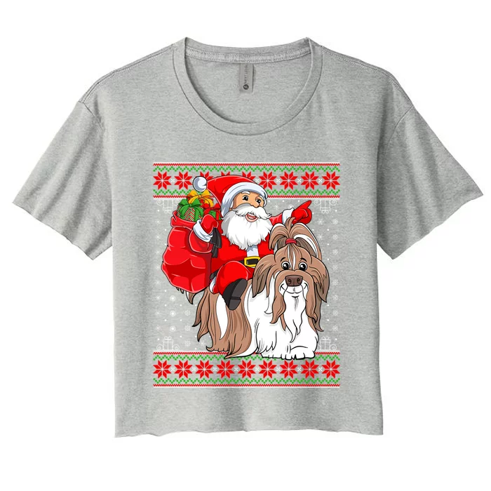 Shih Tzu Lover Xmas Ugly Santa Riding Shih Tzu Dog Christmas Gift Women's Crop Top Tee