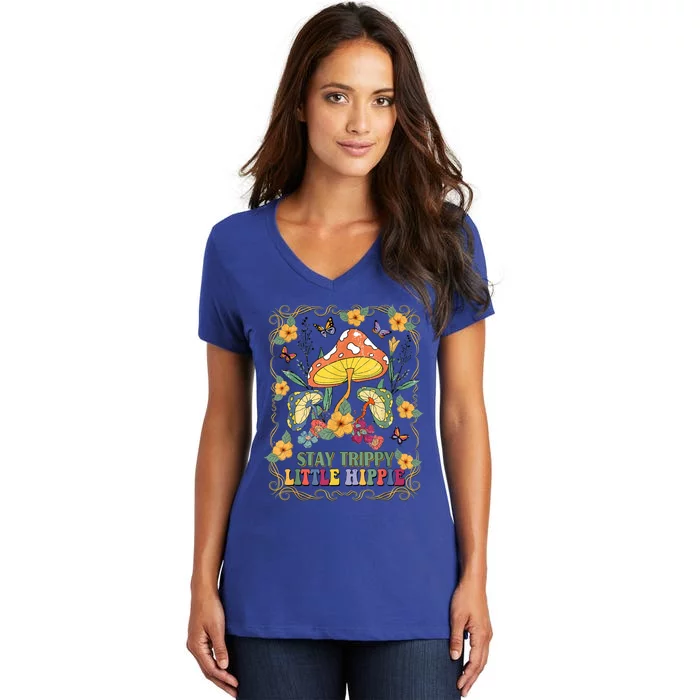 Stay Trippy Little Hippie Retro Mushrooms Vintage 70s Vibes Women's V-Neck T-Shirt