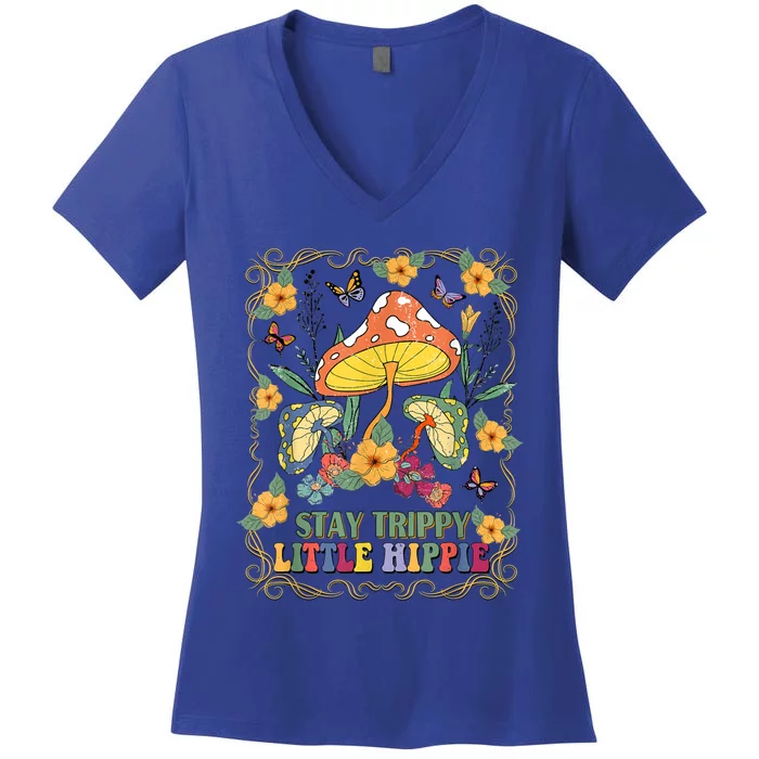 Stay Trippy Little Hippie Retro Mushrooms Vintage 70s Vibes Women's V-Neck T-Shirt