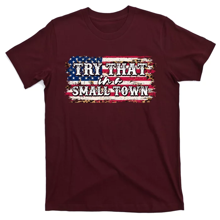 Small Town Leopard Print American USA Flag T-Shirt