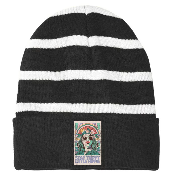 Stay Trippy Little Hippie Cool Vintage Striped Beanie with Solid Band