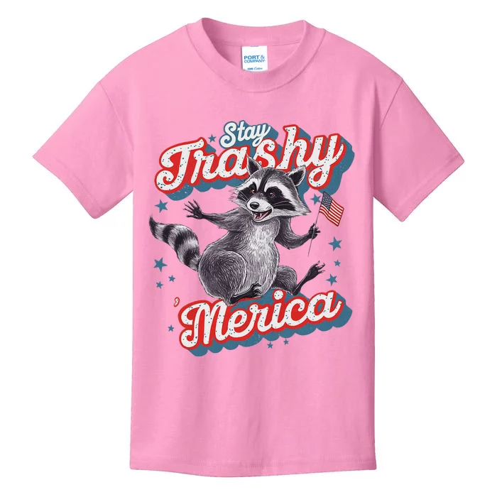 Stay Trashy ‘Merica Unhinged Funny Raccoon 4th Of July Kids T-Shirt