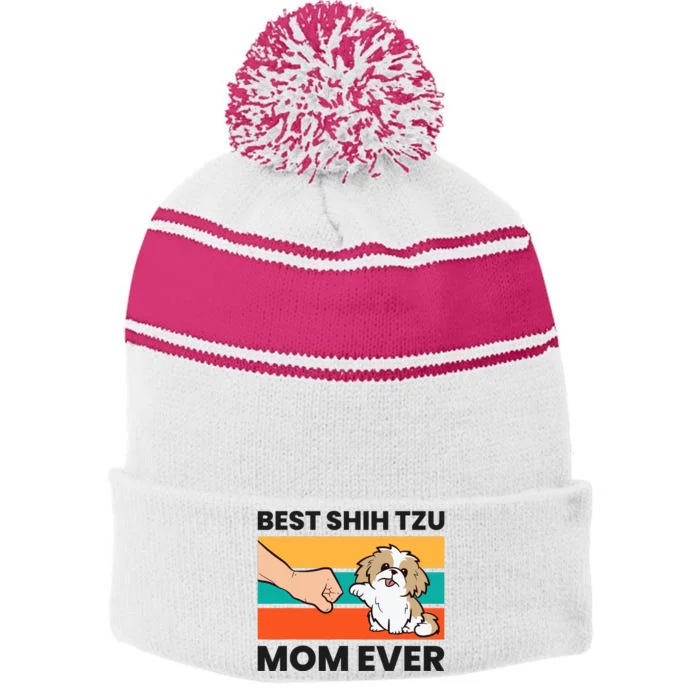 Shih Tzu Mama Best Shih Tzu Mom Ever Stripe Pom Pom Beanie