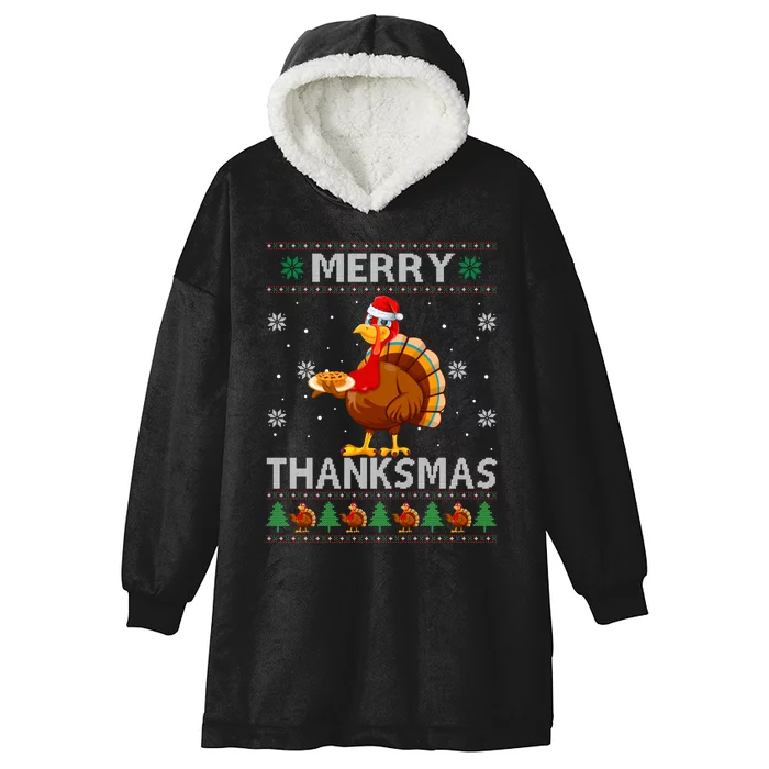 Santa Turkey Merry Thanksmas Thanksgiving Ugly Xmas Sweater Hooded Wearable Blanket