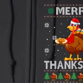 Santa Turkey Merry Thanksmas Thanksgiving Ugly Xmas Sweater Full Zip Hoodie