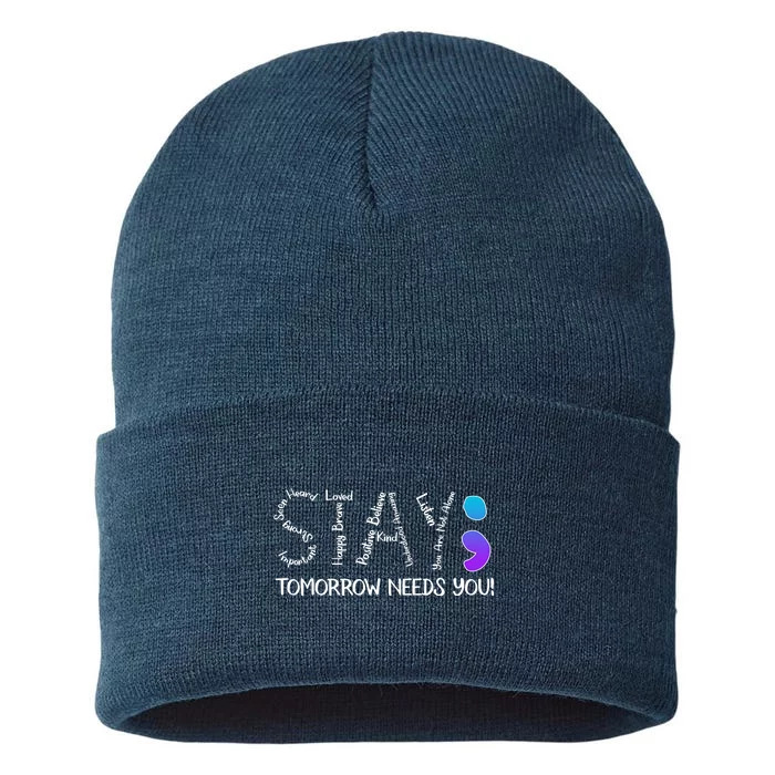 STAY Tomorrow Needs You Semicolon Suicide Prevention Awareness Sustainable Knit Beanie