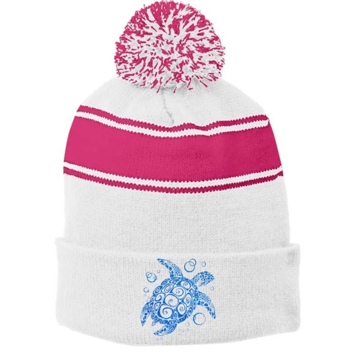 Sea Turtle Ocean Animals Stripe Pom Pom Beanie