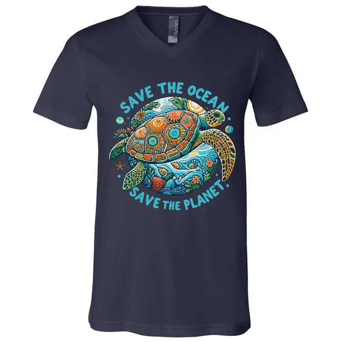 Save The Ocean Save The Planet Cute Sea Turtle V-Neck T-Shirt