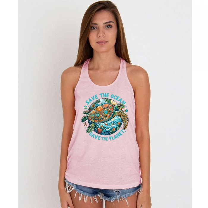 Save The Ocean Save The Planet Cute Sea Turtle Women's Knotted Racerback Tank