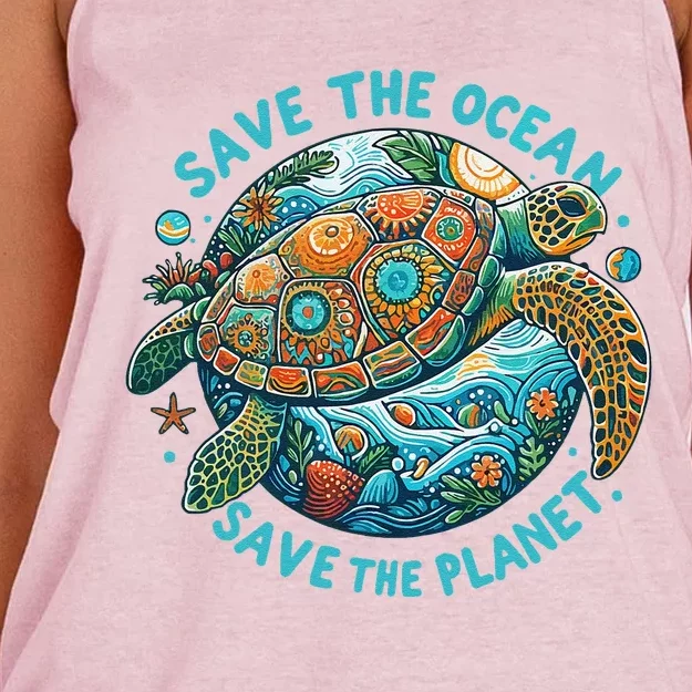 Save The Ocean Save The Planet Cute Sea Turtle Women's Knotted Racerback Tank